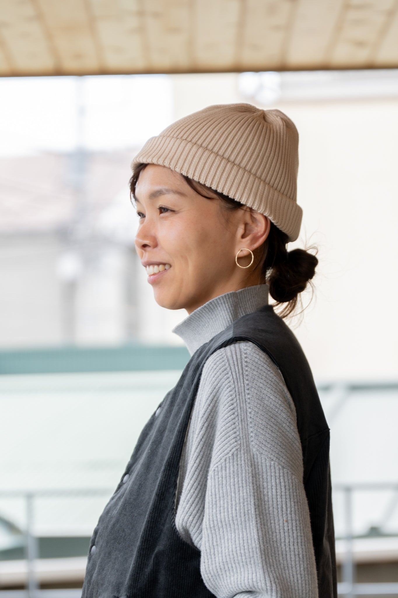 COTTON ROLL UP BEANIE - RAW BEIGE