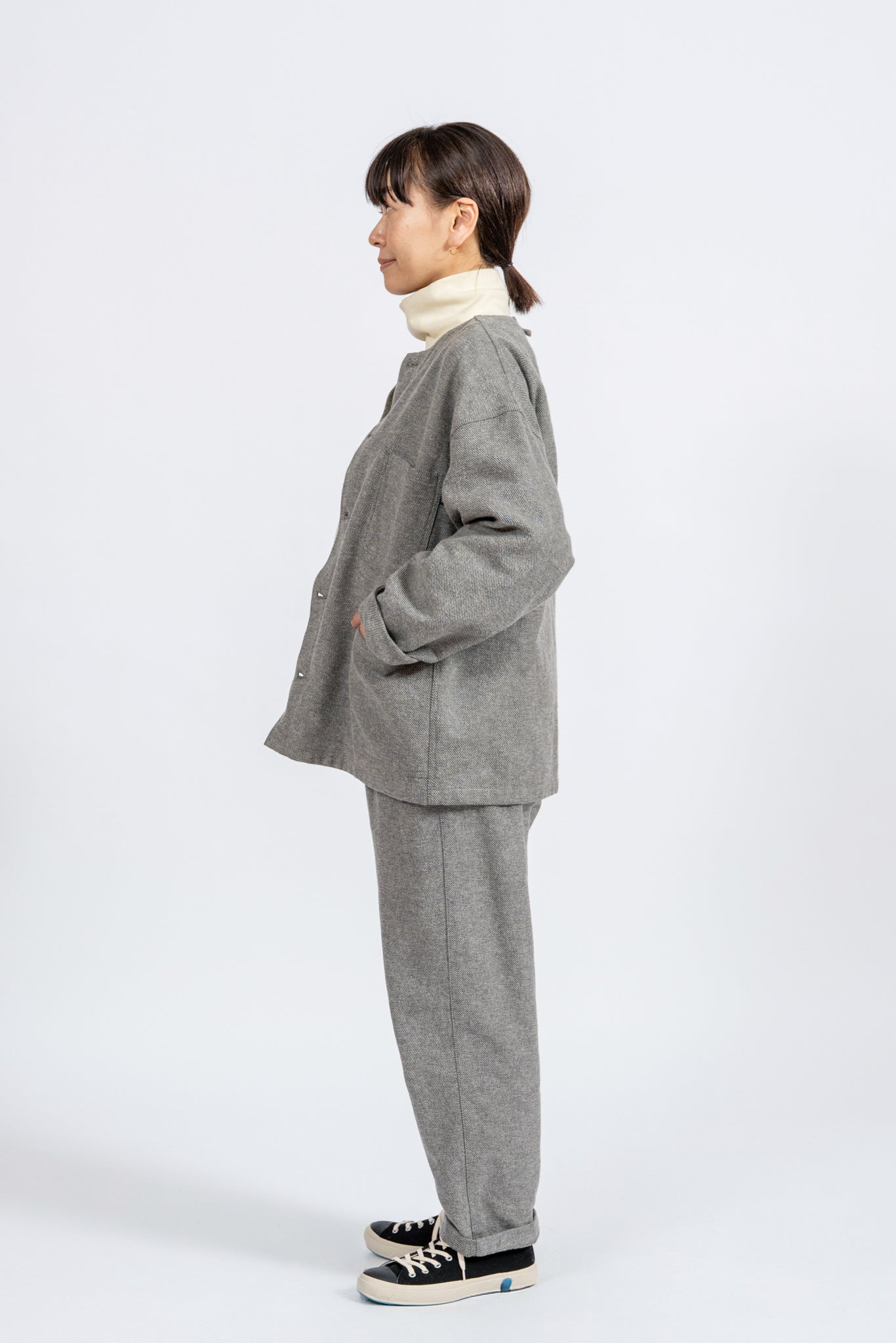 Cotton Tweed Collarless Jacket - L.GRY